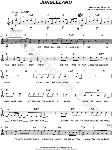 Bruce Springsteen "Jungleland" Sheet Music (Leadsheet) in C Major ...