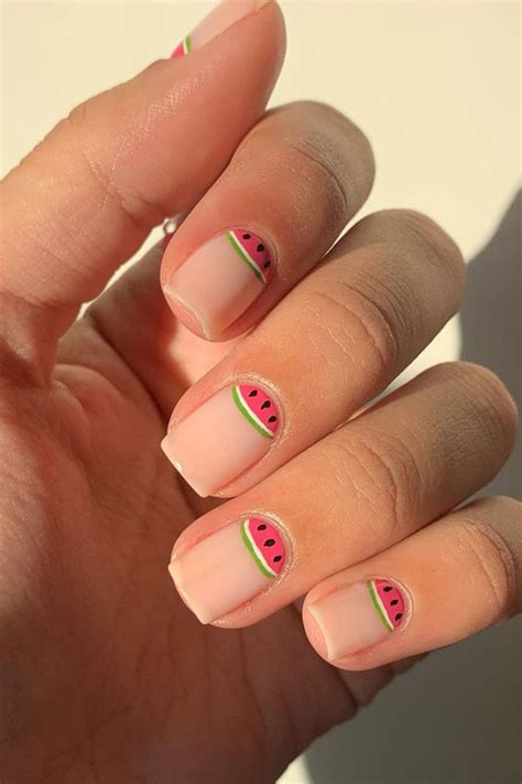 27 Short Summer Nails 2021 Watermelon Half Moon Nail Art