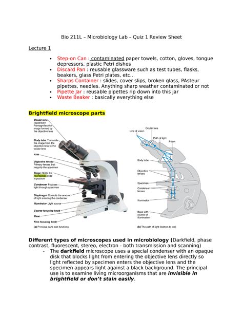 BIO 211 L Quiz 1 Review Sheet Bio 211L Microbiology Lab Quiz 1