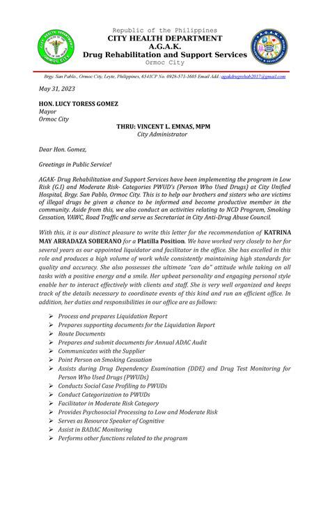 Recommendation Letter Republic Of The Philippines City Health