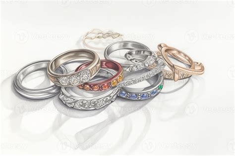 Pencil Drawing Of Rings With Precious Stones On White Background