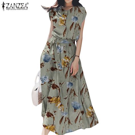 Zanzea Women Fashion Floral Print Belt Short Sleeve O Neck Elastic Waist Long Dress Shopee