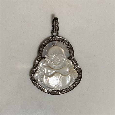 Sterling And Pave Diamond Carved Mother Of Pearl Buddha Pendant