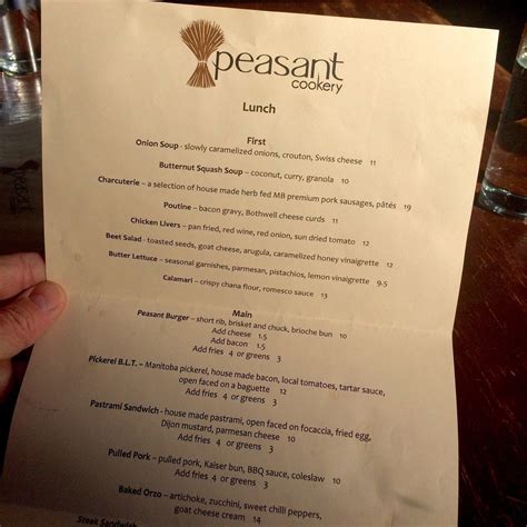 Menu at Peasant Cookery restaurant, Winnipeg