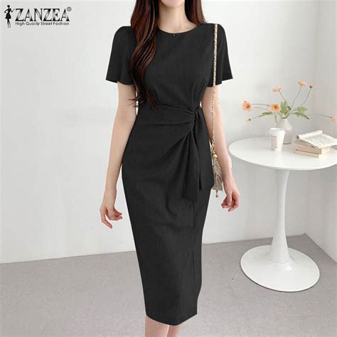 Rulfepy Zanzea Korean Style Women Business Office Split Midi Dresses Commute Party Pleated