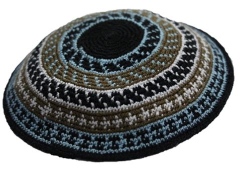 Multi color deisgn blue crochet Knit Kippah, Item # K46, Knit Kippot - Skullcap.com