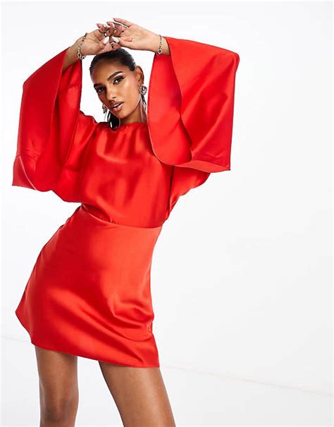 Asos Design Satin Minikleid In Rot Mit Fledermausärmeln Asos