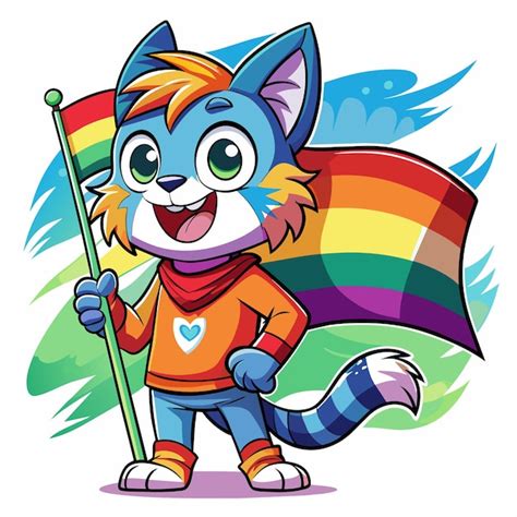 Un Gato De Dibujos Animados Con Una Bandera De Arco Iris Y Un Arco Ris