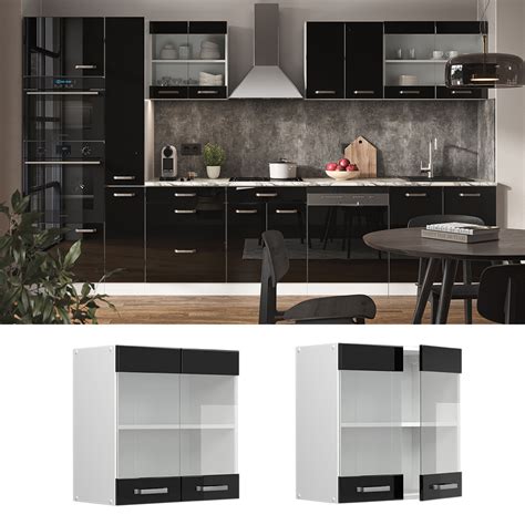 Vicco meuble de cuisine haut vitré R Line Noir Haute brillance Blanc