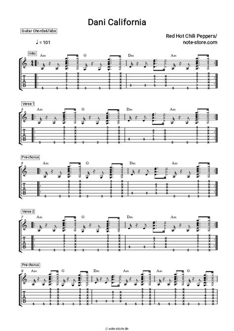 Dani California Red Hot Chili Peppers Chords Akkorde Gitarre Note