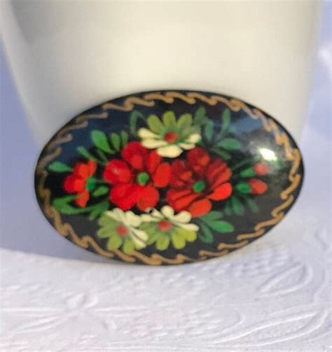 Vintage Russian Hand Painted Black Flower Brooch Gem