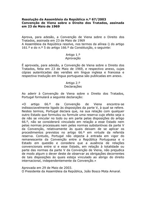 Convenção De Viena Sobre O Direito Dos Tratados De 1969 Resolução Da Assembleia Da República N