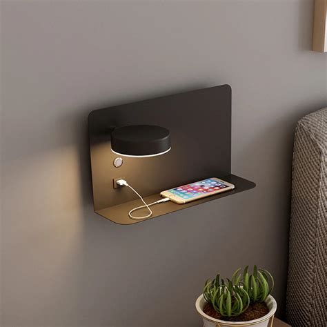 Led Wall Lamp Bedside Shelf Usb Phone Charger Modern Bedroom Reading