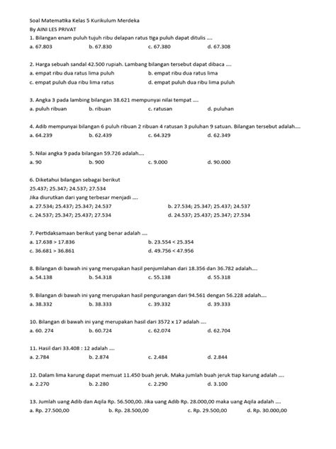 Soal Matematika Kelas 5 Bilangan Cacah Sampai 100 000 3xe Pdf