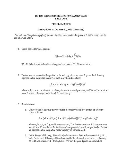 Problem Set 5 Problem Set With Student Work BE 100 BIOENGINEERING