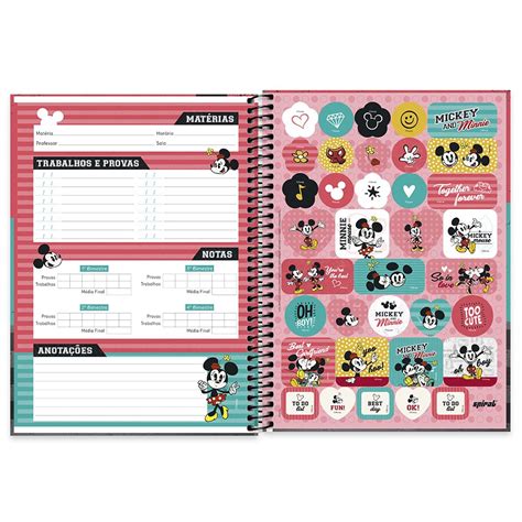 Caderno universitário capa dura 1x1 80 folhas Disney Mickey Minnie