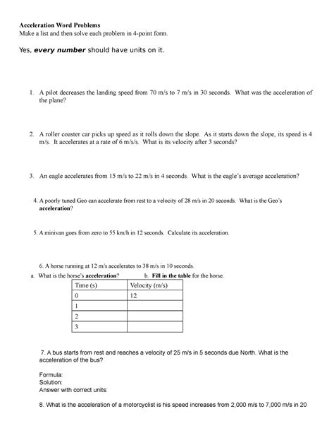 Summative Test In Acceleration Acceleration Word Problems Make A List And Then Solve Each