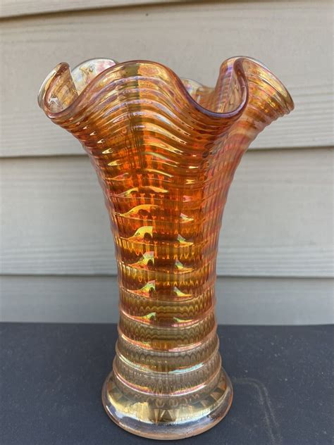 Imperial Ripple Marigold Carnival Glass Vase Amber Vintage 8 5” Ebay