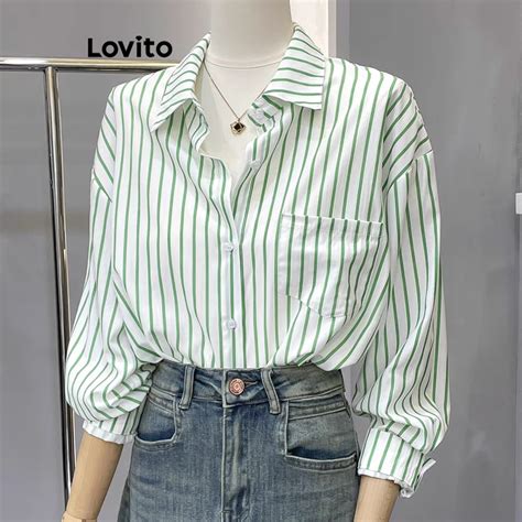 Lovito Casual Blusa Listrada Botões Frontais para Mulheres LNE20170