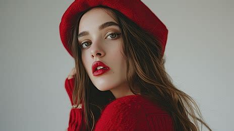 A Beautiful Woman In Long Hair Wearing Red Hat And Lipstick Background