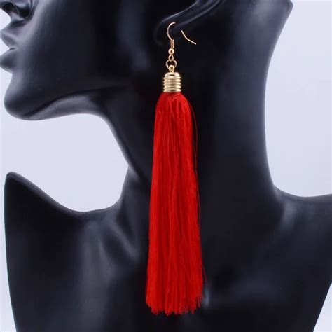 Buy Female Red Tassel Drop Earrings Gold Plated Cotton Fringes Long Ethnic