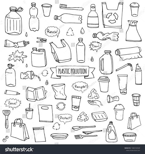 Hand Drawn Doodle Stop Plastic Pollution Icons Set Vector Illustration