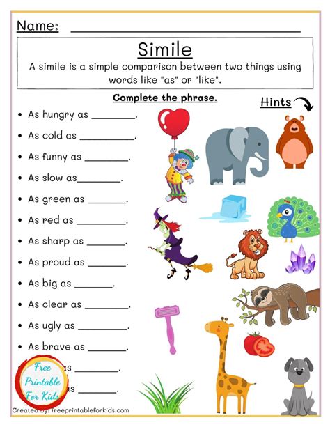 Grade 5 English Worksheets Similes