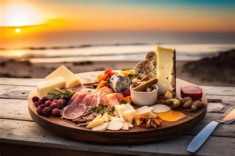 Premium Ai Image A Platter Of Cheeses With A Sunset In The Background