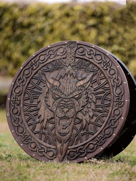 Personalized Medieval Style Fenrir Carved Round Wood Shield Viking Cosplay Wall Decor Shield