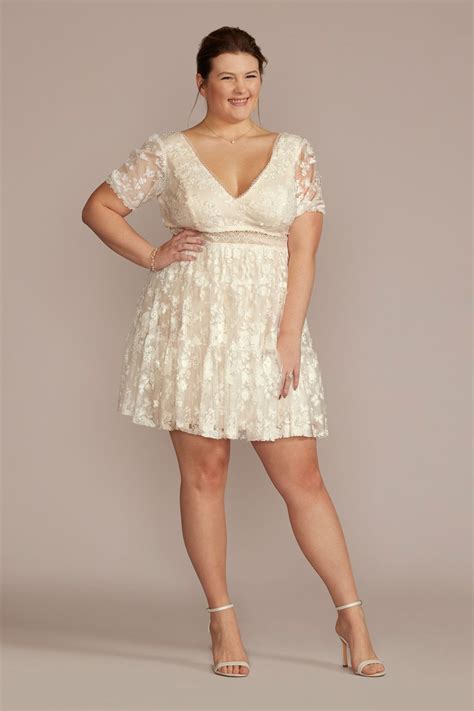 3d Floral Lace V Neck Short Plus Size Bridal Shower Dress Deer Pearl