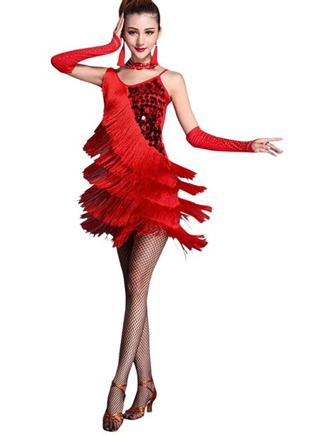 Feecolor Adult Sexy Dance Dress Sequin Tassel Salsa Tango Latin Dancewear Women S Ballroom