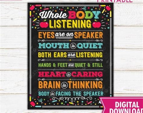 Classroom Decor Whole Body Listening Poster Kindergarten Etsy