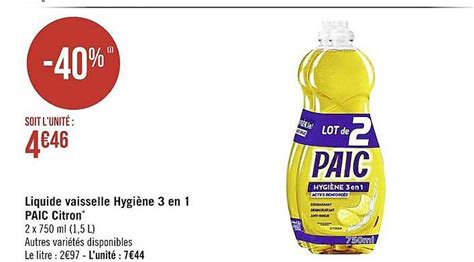 Promo Liquide Vaisselle Hygiène 3 En 1 Paic Citron chez