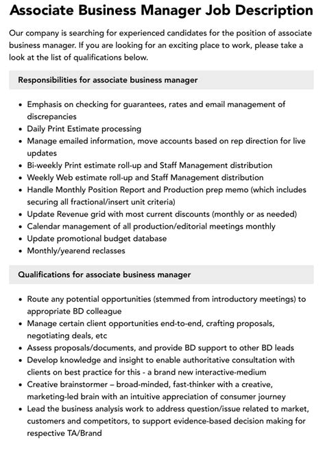 Associate Business Manager Job Description Velvet Jobs