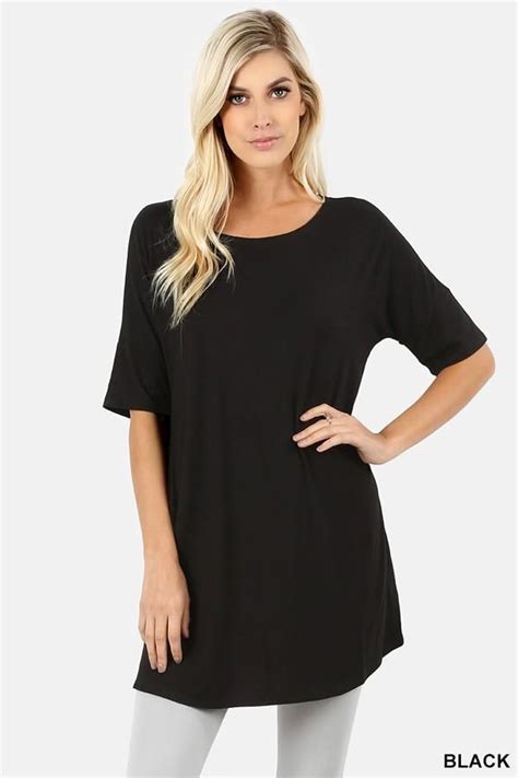 Elbow Length Sleeve Round Neck Tunic Dress Black Elbow Length