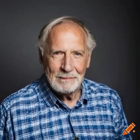 Serious Portrait Of A 70 Year Old Man With Brown Hair And Blue Eyes On