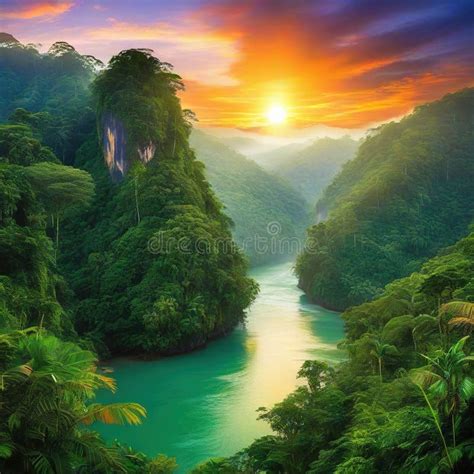 Sunset Rainforest Panorama With Waterfall Jungle River With Tropical