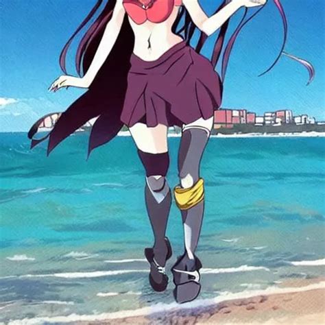 uma mulher personagem de anime na praia de biquíni