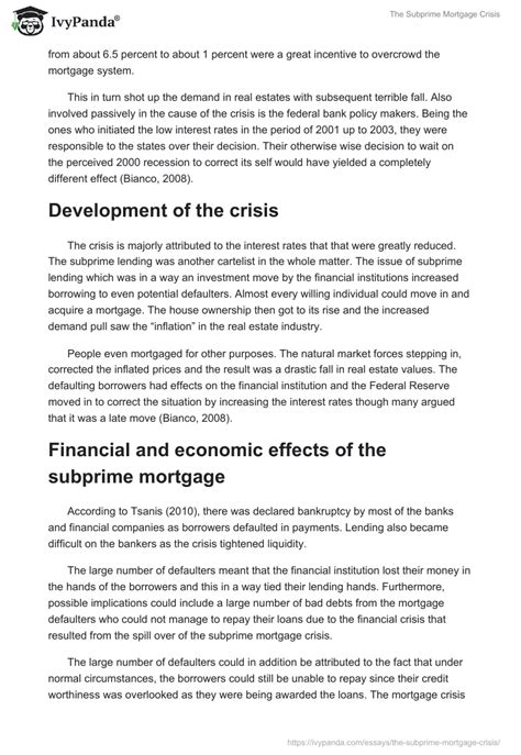 The Subprime Mortgage Crisis Words Research Paper Example