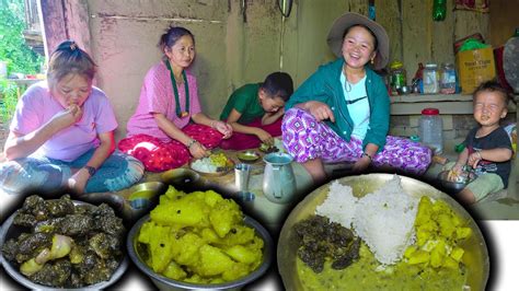 Buff Fry Meat Potato Recipe And Rice Eating With Guests In Village