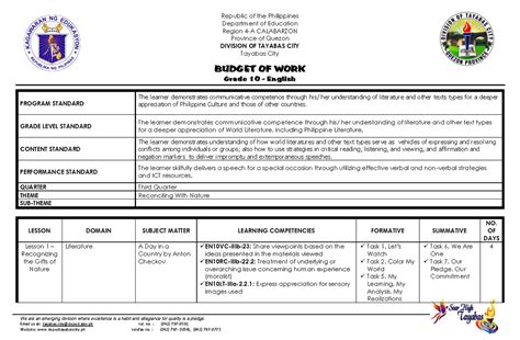 G10 English Budget Of Work 3rd Quarter Department Of Education Region