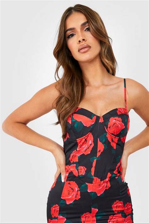 Dresses Floral Satin Corset Detail Midi Dress Boohoo