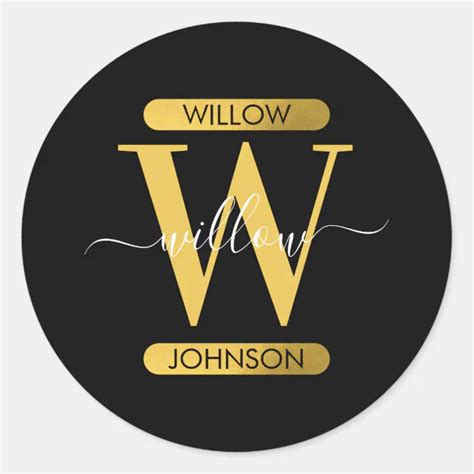 Elegant Black And Gold Monogram Modern Script Classic Round Sticker Zazzle