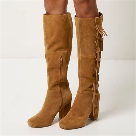 River Island Tan Suede Fringed Knee High Heeled Boots In Blue Lyst