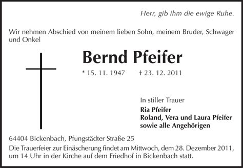 Traueranzeigen Von Bernd Pfeifer Vrm Trauer De