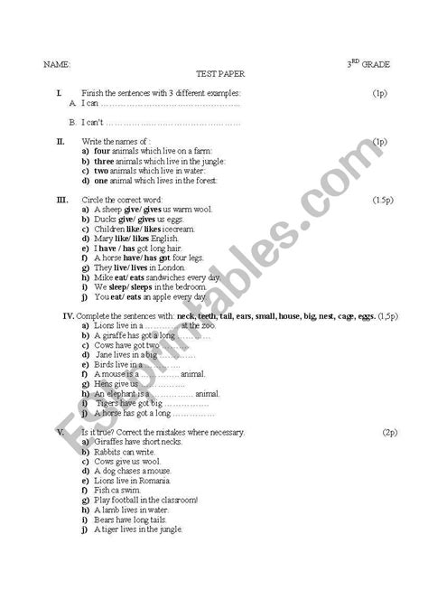 English Worksheets 3rd Grade Test Paper