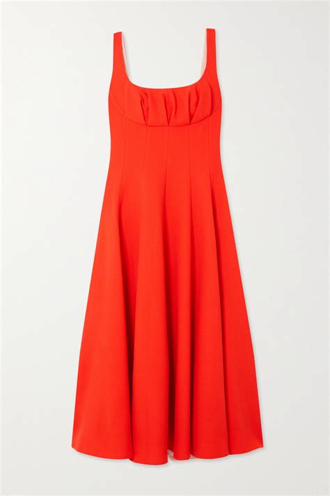 Emilia Wickstead Collins Pleated Wool Crepe Midi Dress Coral