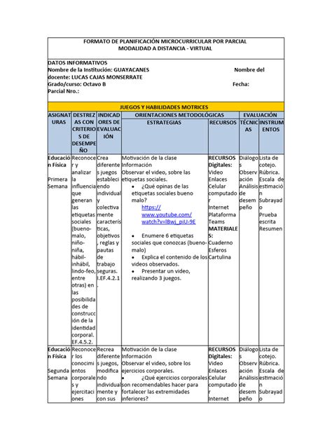 Formato De PlanificaciÓn Microcurricular Por Parcial Pdf Internet