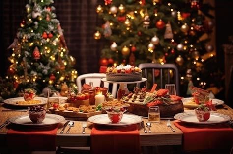 Mesa Servida Para La Cena De Navidad Sala De Estar Decorada Con Luces Y