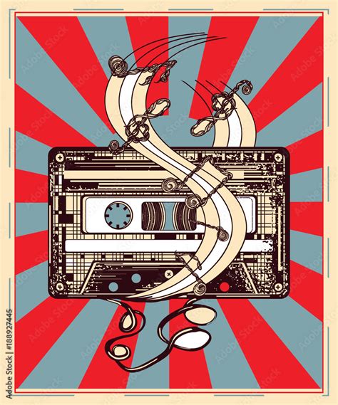 Audio Cassette And Music Notes Poster Symbol Of Retro Music Nostalgia 80th And 90th Old